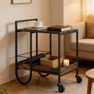 Chariot-bar roulant à 2 niveaux avec support à vin amovible, roues verrouillables et plateau en bois rustique pour la cuisine, la salle à manger et le service de divertissement à domicile