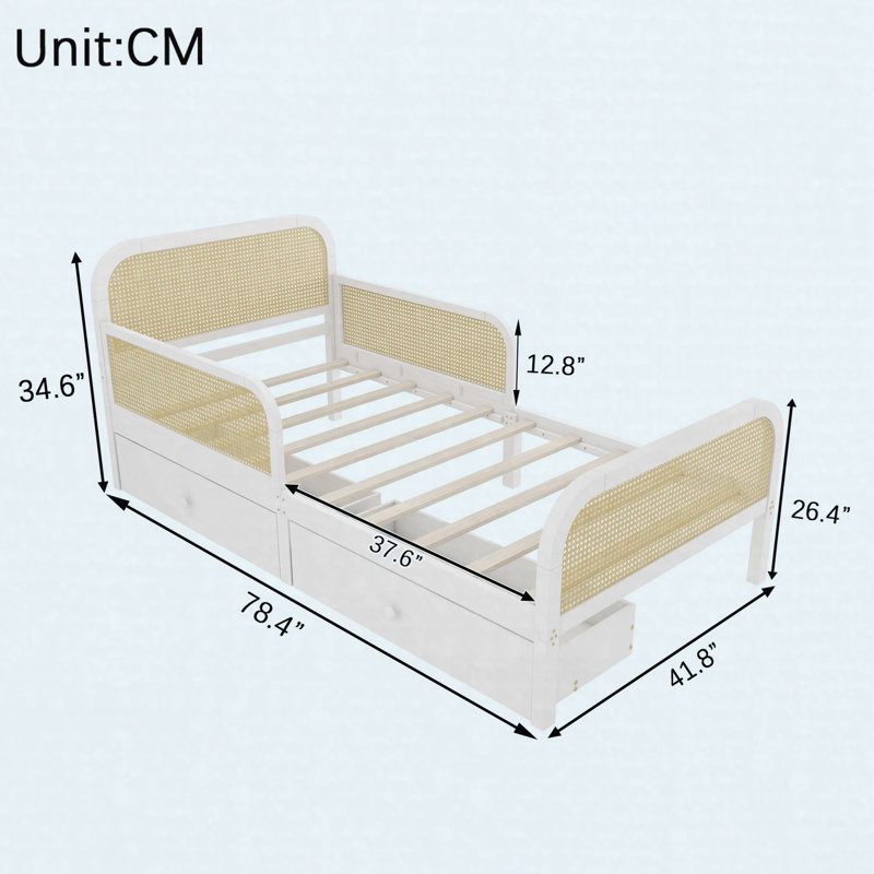 Structure de lit plateforme simple avec 2 tiroirs de rangement, lit en rotin pour enfants avec tête et pied de lit, blanc