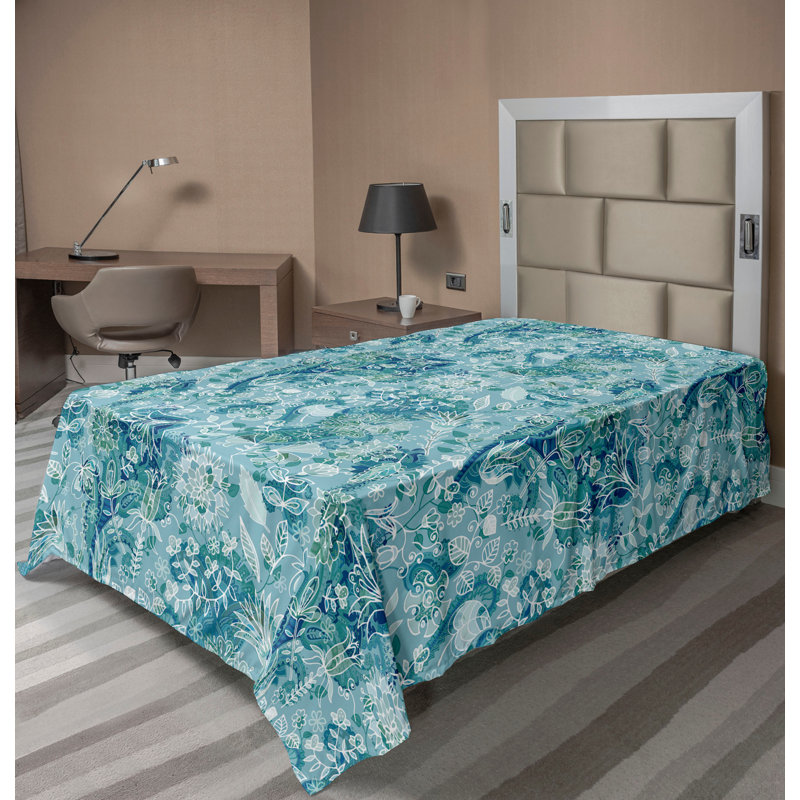 Ambesonne Flat Sheet Floral Grunge Art, Twin Flat Sheet, Blue/White Floral