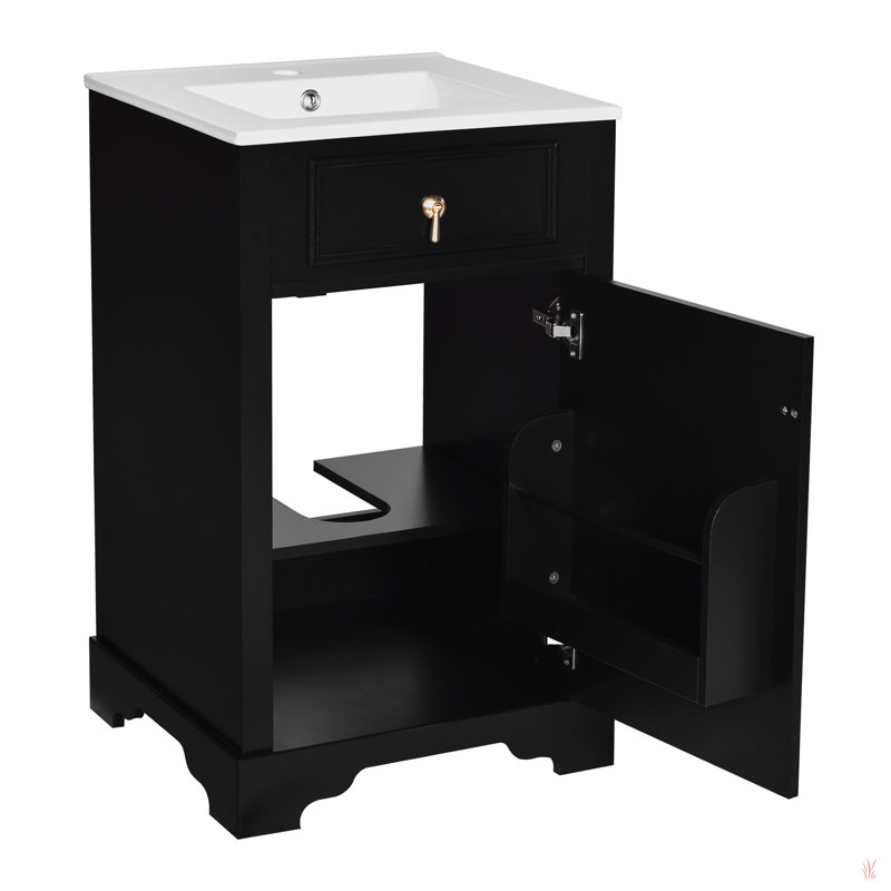 20-Inch Bathroom Vanity With Ceramic Sink, Soft Close Door, Adjustable Shelf, And Door-Mounted Storage Rack - Ideal For Small Bathrooms