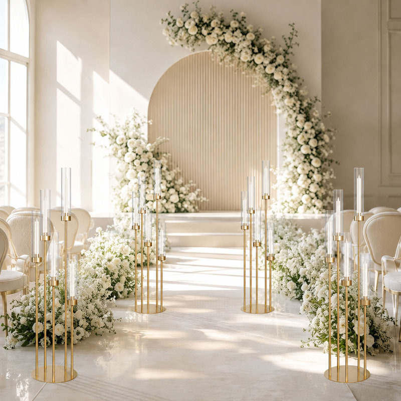 4Pcs  5 Arms Gold Floor Candelabra With Acrylic Lampshade for Birthday Party Home Decoration, Fit Led Taper Candles, 4, Gold