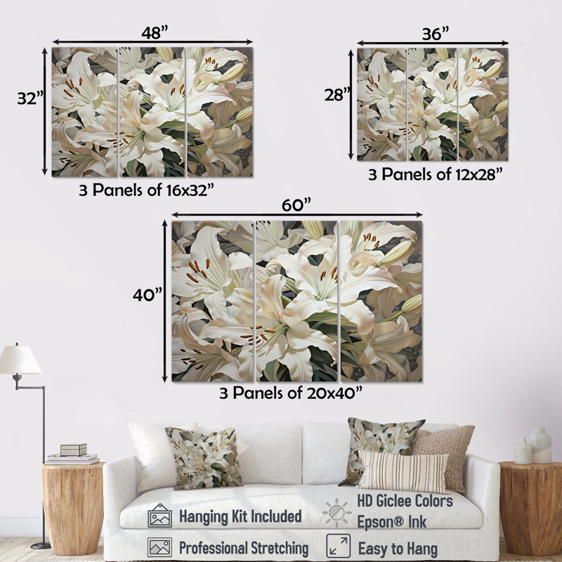 «White Lilies In Bloom Beauty III», ensemble d'art sur toile, Toile tendue, H 32 po x l 48 po x P 1 po