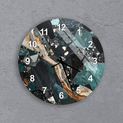 Horloge murale vert terrazzo, décor en verre trempé, art abstrait en pierre de marbre, montre ronde moderne, bureau élégant et décor de salon
