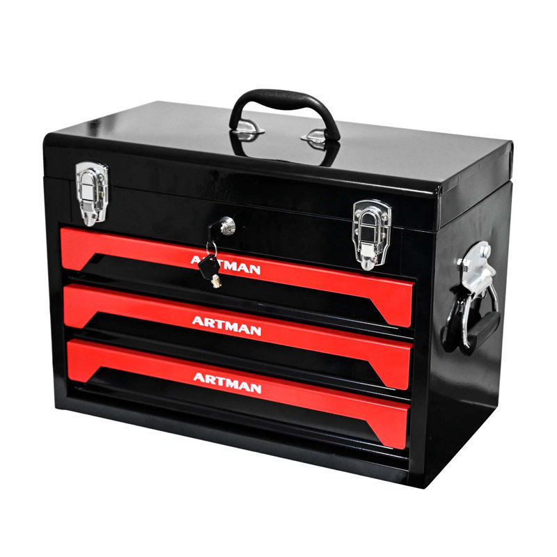 Boîte à outils 20 po à 3 tiroirs en acier, 4 couches d'outils avec loquets en métal, avec plateau de rangement supérieur et poignée de transport, rangement d'outils multifonctionnel pour le garage, la maison ou l'établi,