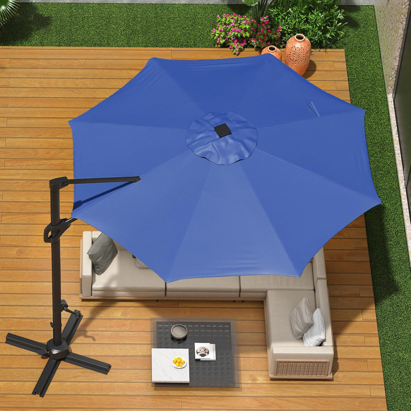 Parasol de patio en porte-à-faux 10 pi, DEL solaire, rotation à 360 °, protection UV pour la cour arrière, bleu marine