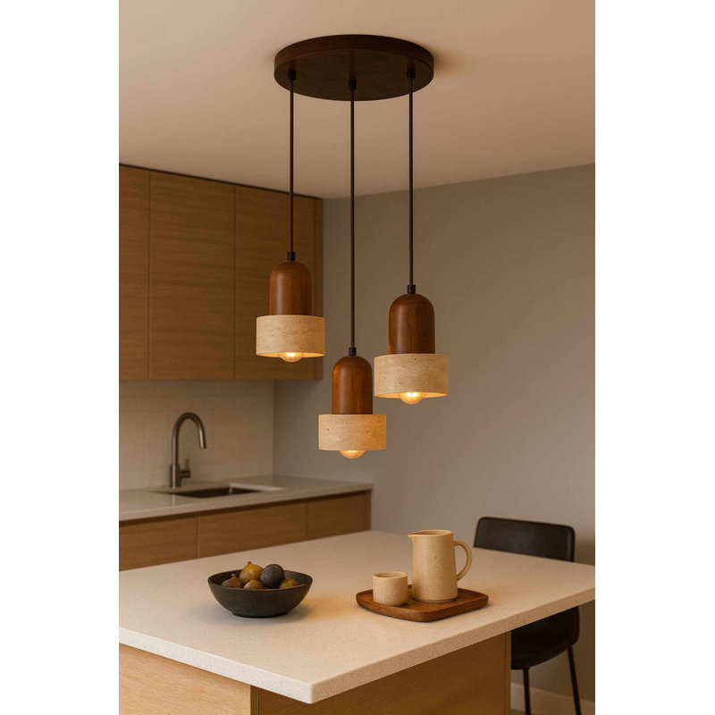 Elegant Adjustable Chandelier with Wooden Body, Beige & Walnut Finish | 24 to 60.6 Inches Tall | Ø12 x 7.5 Inches Cap | 3 x E27 Sockets (Max 40W) | Stylish Lighting for Home & Office, IP20 Rated, Bulb Not Included
