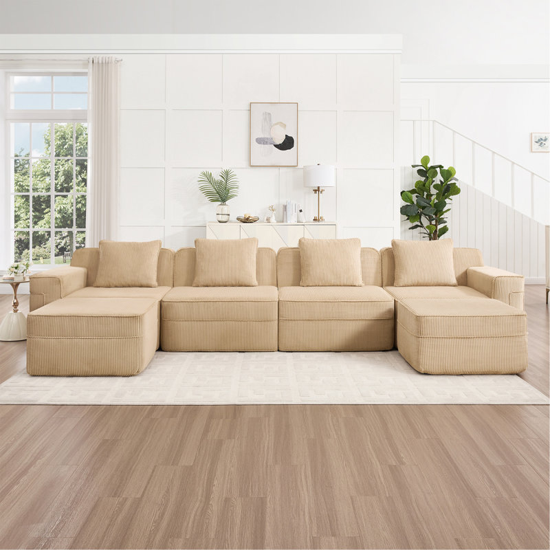 Canapé modulaire modulaire en forme de U sans siège à 4 places, canapé modulaire Cloud avec assise profonde, canapé modulaire moderne à 4 places avec coussins décoratifs et 2 repose-pieds amovibles, tissu en velours côtelé