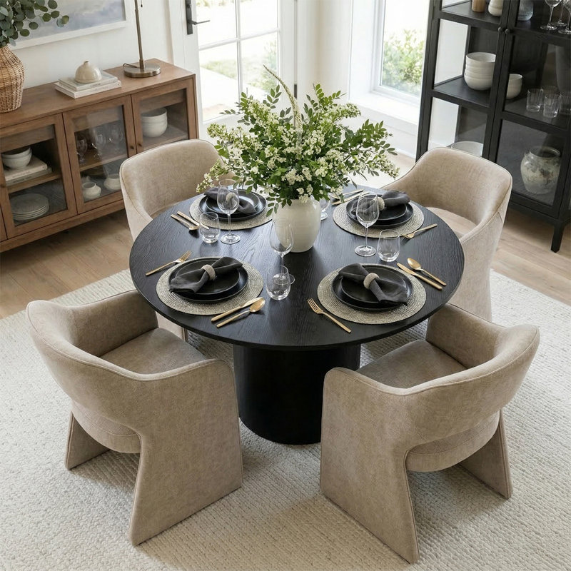 4 - Person Dining Table Sets With Round Table & 4 Upholstered Fabric Chairs, Khaki, Black