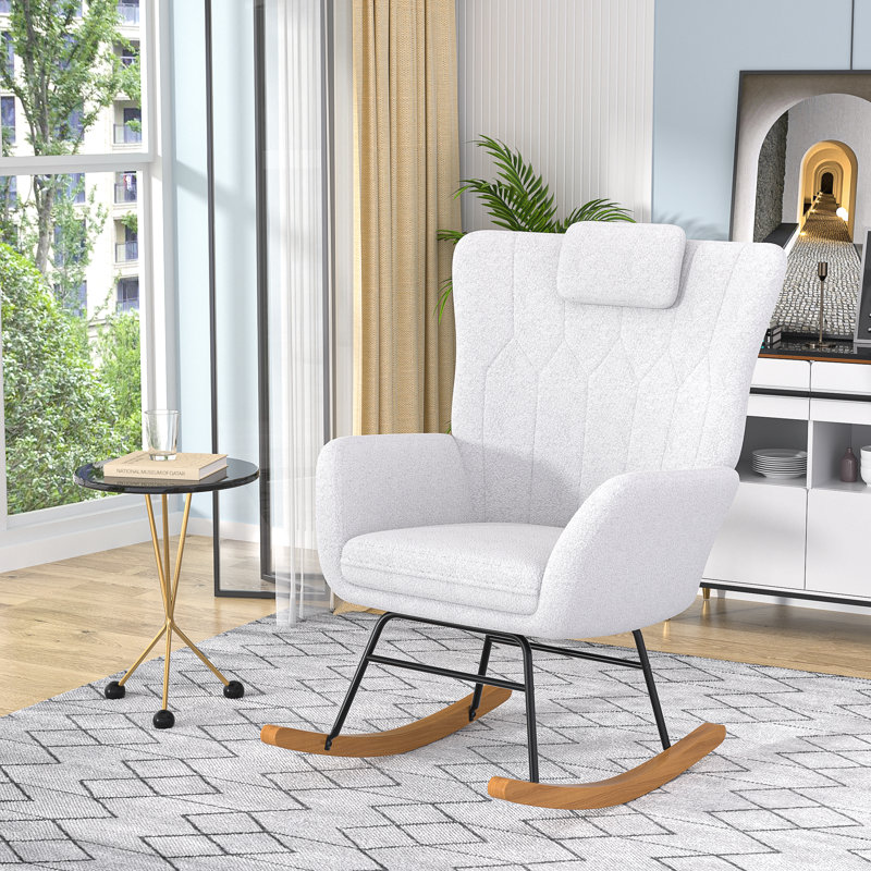 High Back White Rocking Chair With Headrest And Side Pockets, White