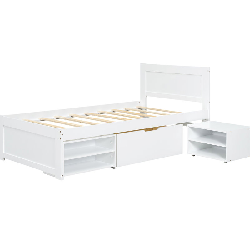 Lit avec tiroir et deux tablettes pratiques, Lit simple, Blanc antique