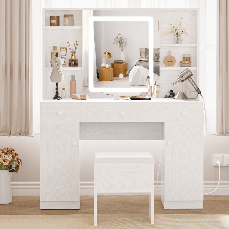 Kimrey Vanity Desk with Llight Sliding Mirror and 7 Drawers,  Makeup Vanity Table Set for Bedroom, White