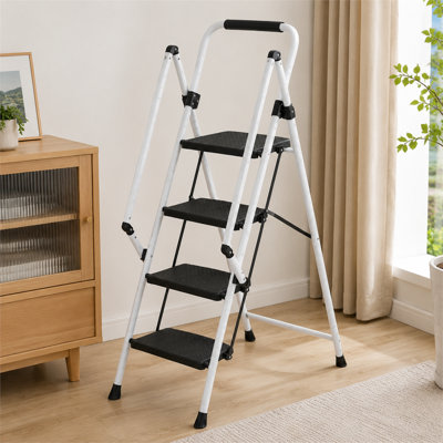 White 4-Step Folding Steel Ladder with Wide Anti-Slip Steps and Safety Handrail, Heavy Duty Step Ladder for Home and Kitchen
