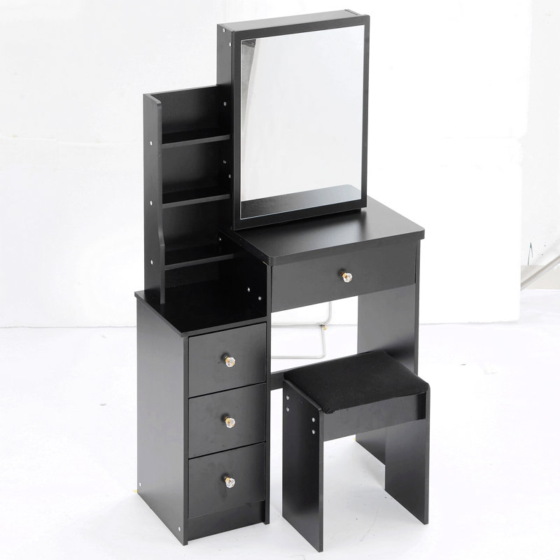 Compact Left-Sided Bedside Vanity Set With Cushioned Stool, Extra-Large Sliding Mirror, Multi-Layer Storage, And High-Capacity Design (EPA, GCC, UL Certified)