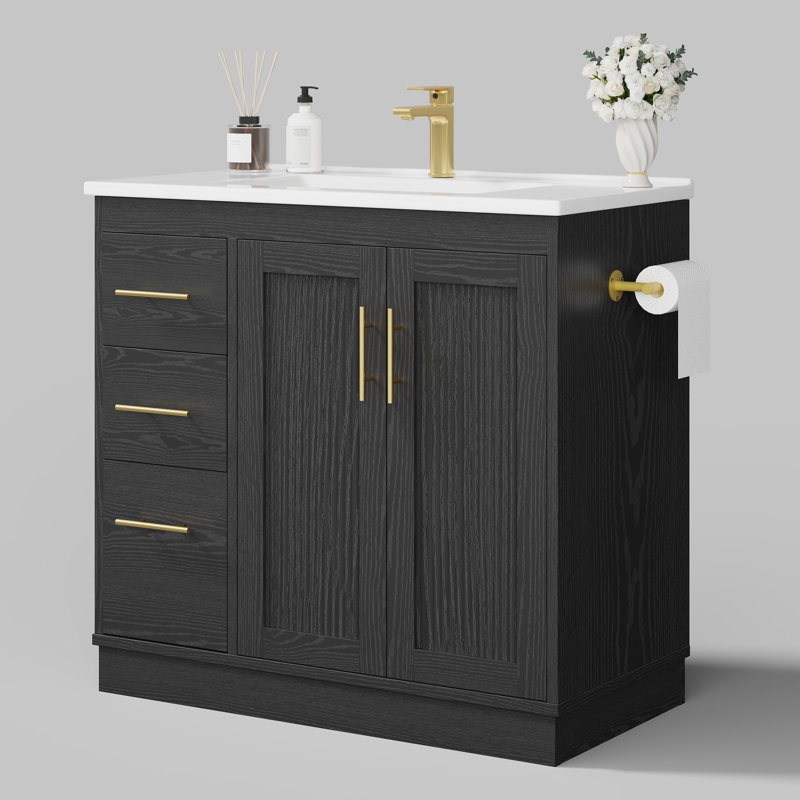 Meuble-lavabo noir de 36 po avec lavabo, armoire de salle de bain noire autoportante moderne avec comptoir Smc, portes à fermeture douce et 3 tiroirs, quincaillerie dorée