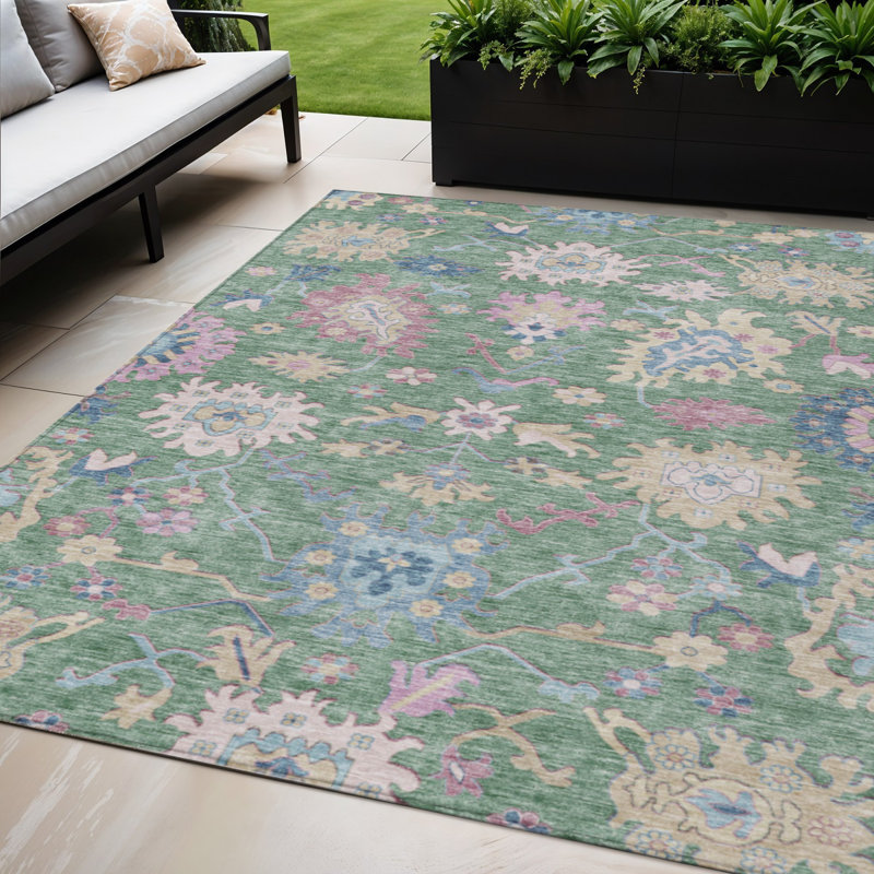 Tapis intérieur lavable floral ivoire et rose 5 pi x 8 pi