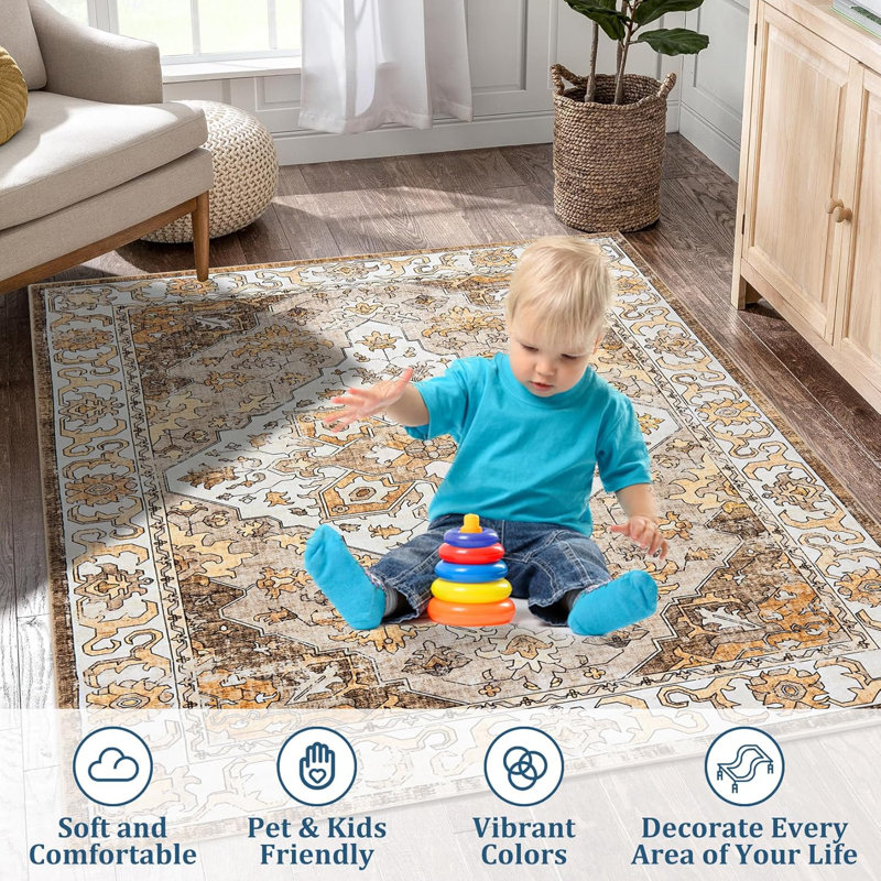 Entryway Rug, Washable Vintage Low Pile Stain-Resistant, Non-Slip Soft Thin Carpet for Kitchen, Bedroom, Bathroom
