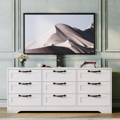 Meuble télé 9 tiroirs avec support pour téléviseur de 32 à 85 po, meuble audio-vidéo moderne avec tiroirs, console média pour le salon de la chambre à coucher, blanc