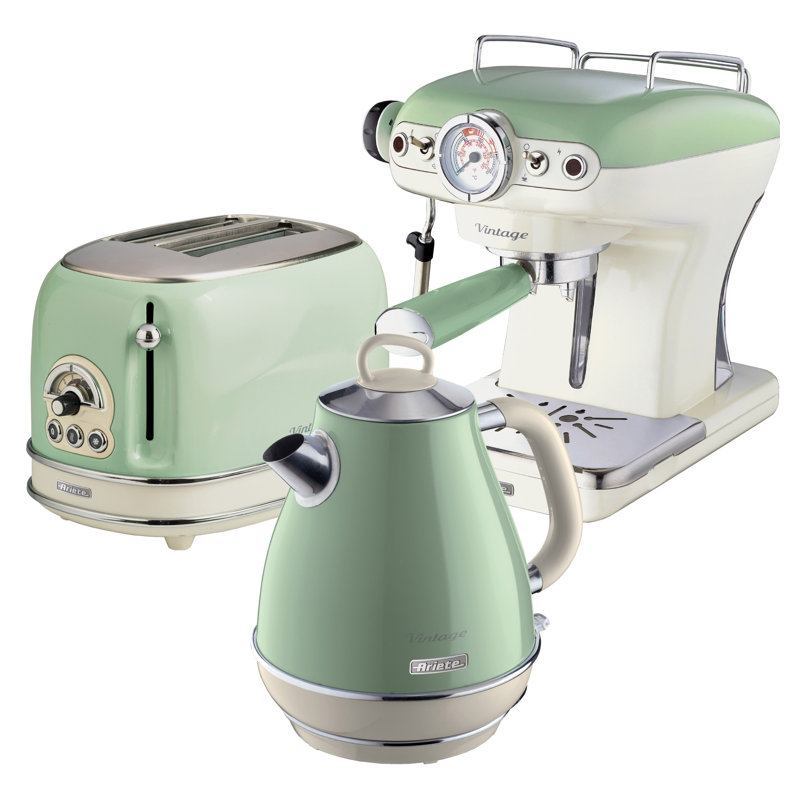 Ariete Vintage 1.7L Kettle with 2 Slice Toaster and 15 Bar Pump Espresso Coffee Machine Set, Green