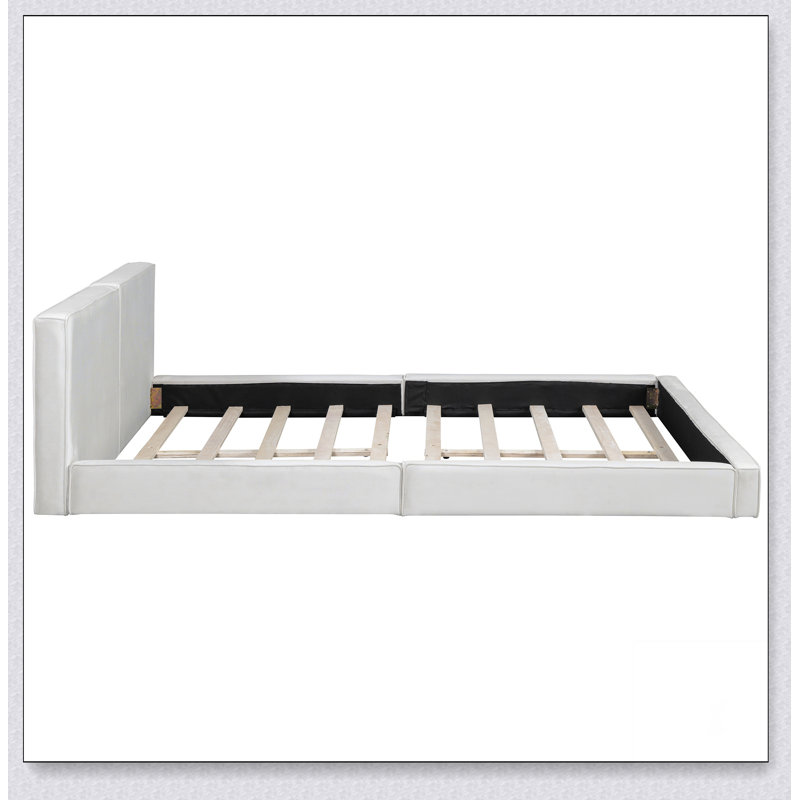 Grand lit plateforme tapissier avec tissu en velours, Beige