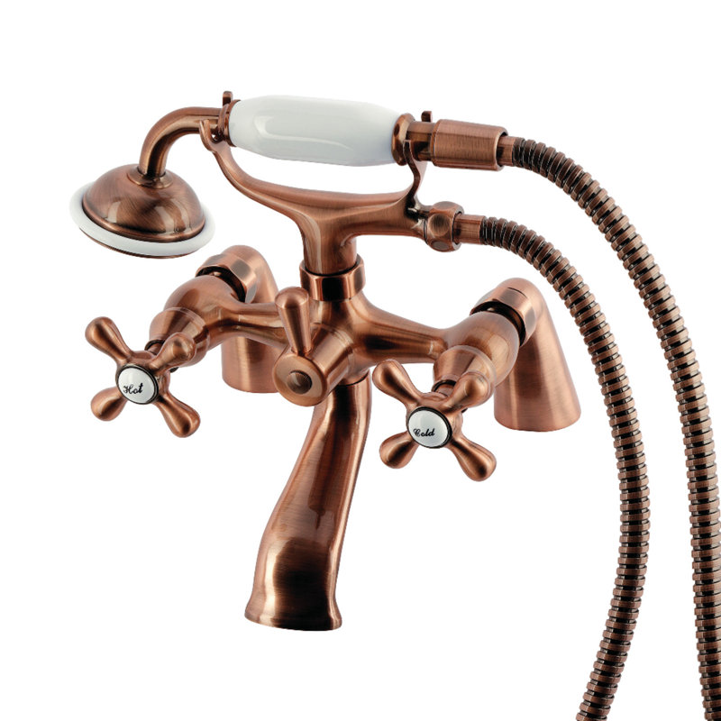 Kingston Brass Kingston Three-Handle 2-Hole Deck Mount Clawfoot Tub Faucet with Hand Shower, Antique Copper