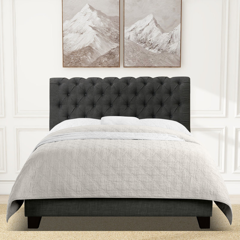 Lit tapissier en tissu, base de lit à hauteur réglable capitonnée, Noir, Très grand lit