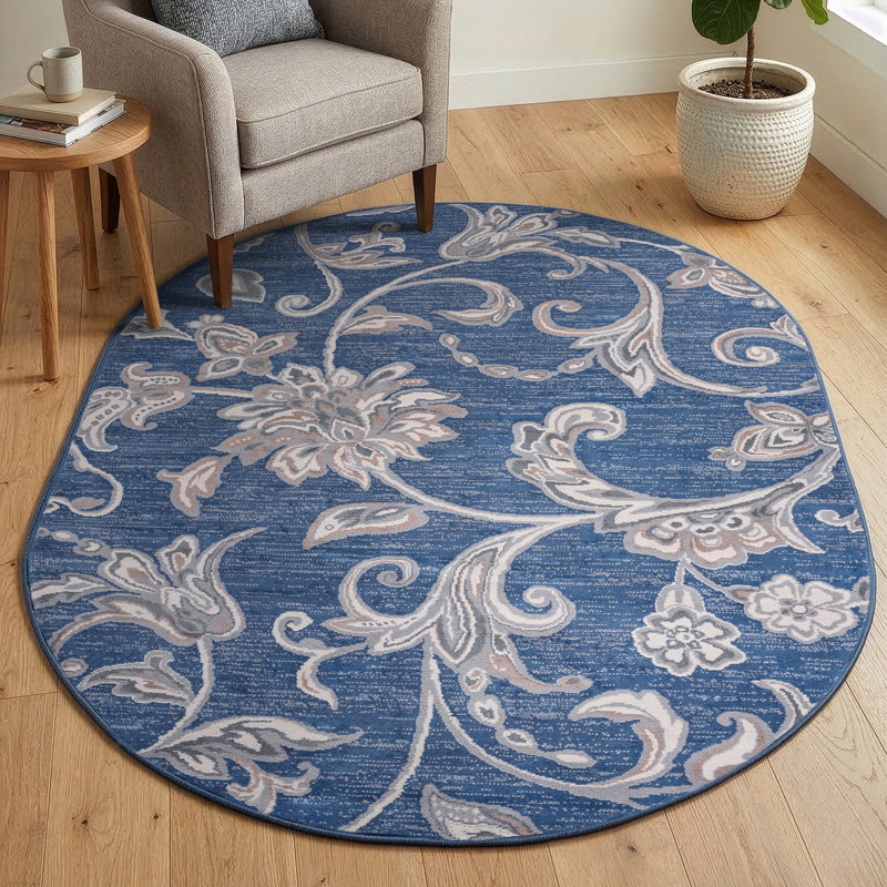 Tapis d'intérieur transitionnel bleu foncé Wealden, Ovale 5 pi 3 po x 7 pi 3 po