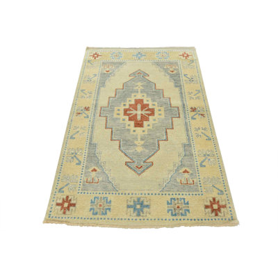 Tapis jaune / bleu en laine noué à la main de conception unique 4 pi 2 po x 6 pi 2 po