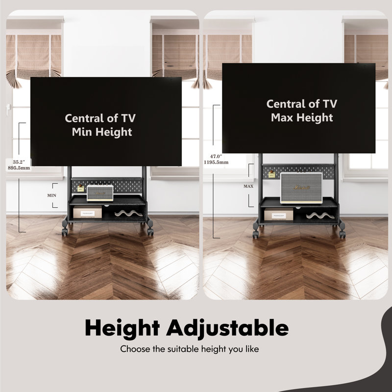 Charrisse Rolling TV Stand with Integrated Mount and Wood Storage Shelf, Black
