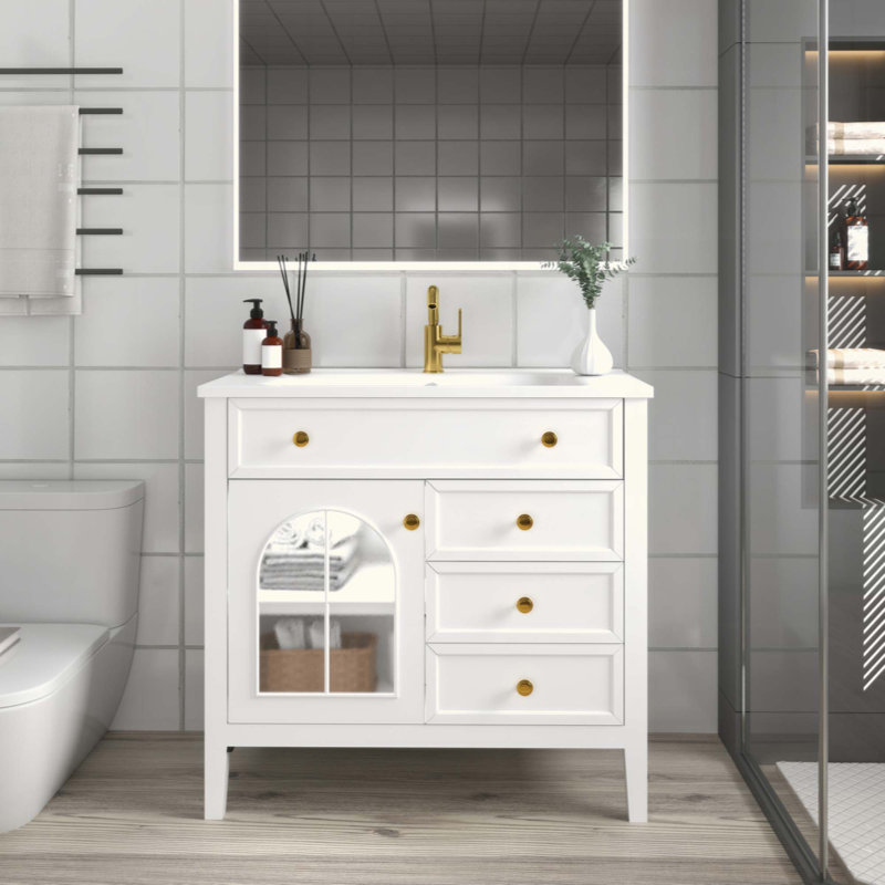 Lavabo de salle de bain de style Mid-Century avec verre à motif et bande lumineuse à capteur de mouvement, lavabo de salle de bain autoportant Farmhouse avec rangement, meuble-lavabo haut de gamme (robinet non inclus)