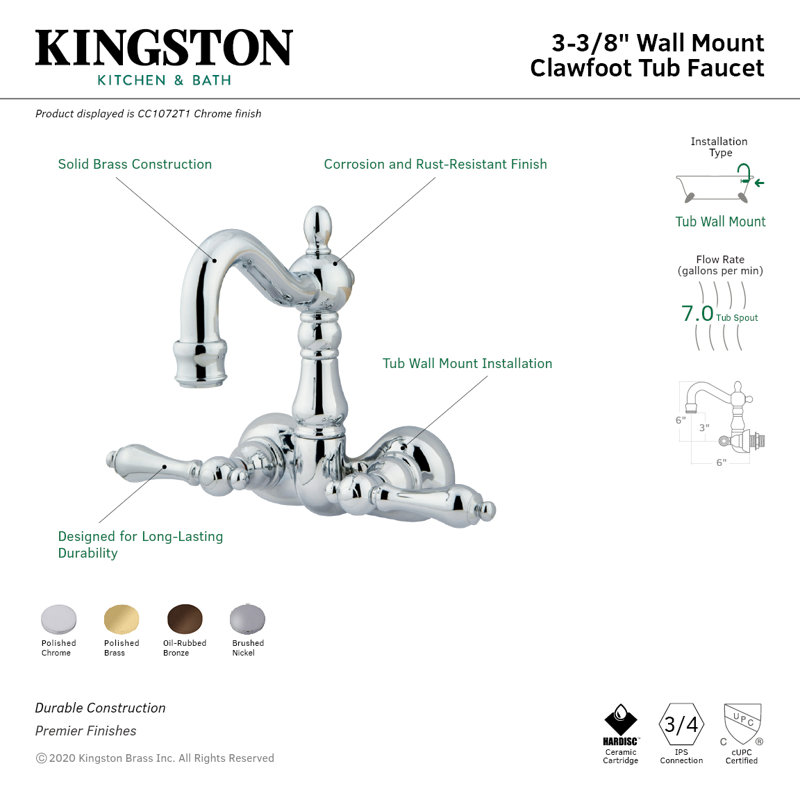 Kingston Brass Vintage Two-Handle 2-Hole Tub Wall Mount Clawfoot Tub Faucet, Polished Chrome