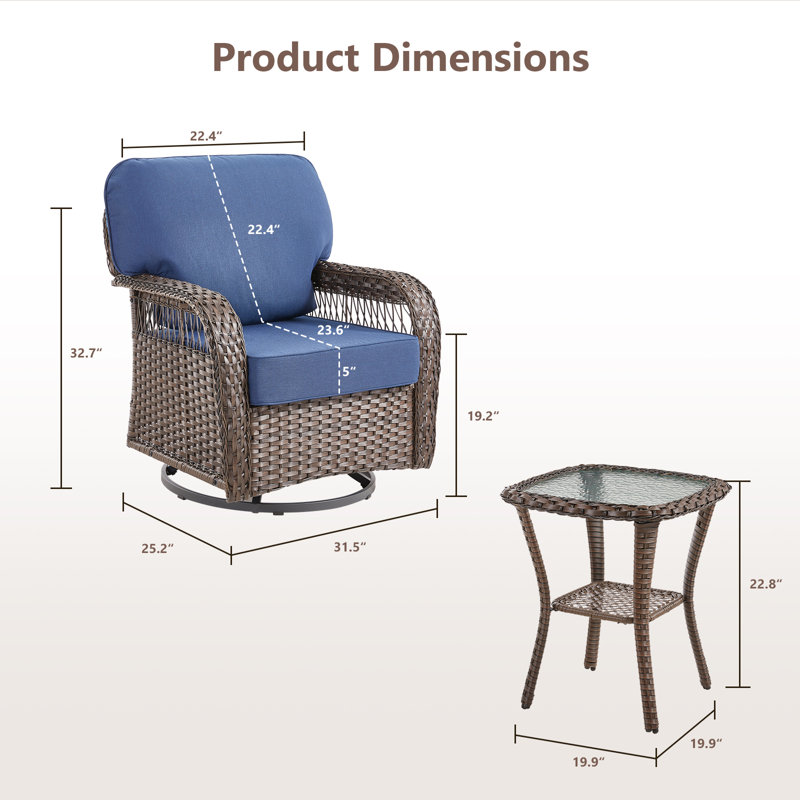 Ensemble de conversation pour patio en osier 6 pièces avec 4 chaises pivotantes et tables d'appoint, Bleu, Gris