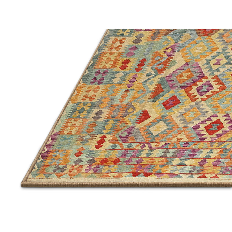 Tapis contemporain rouge / orange / vert, Rectangle 5 pi x 7 pi