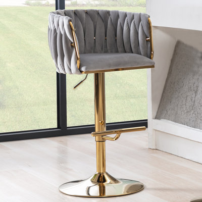 Swivel Adjustable Height Bar Stool Modern Velvet Barstool with Barrel Back Kitchen Island Counter Bar Chair with Golden Base