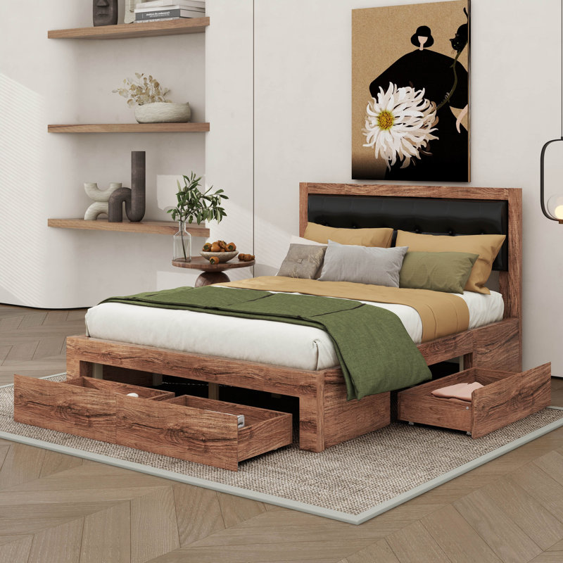 Lit plateforme grand en bois avec tête de lit tapissier et 4 tiroirs Dazaria