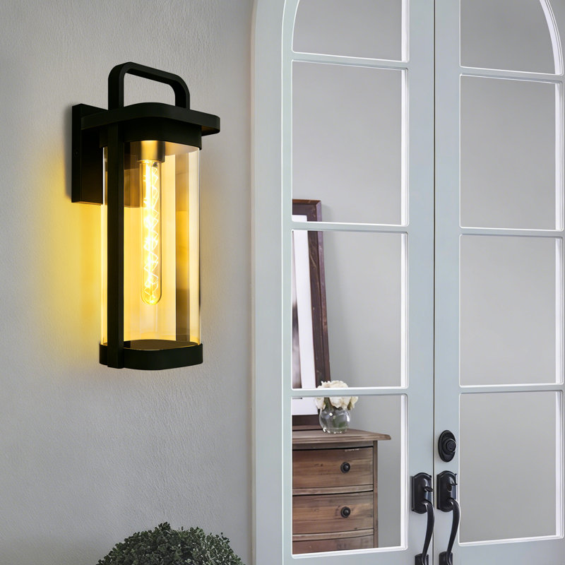 Outdoor Large Wall Sconce Light, Matte Black Metal & Tempered Glass Shade Wall Lantern Waterproof For Porch Doorway Patio, 1