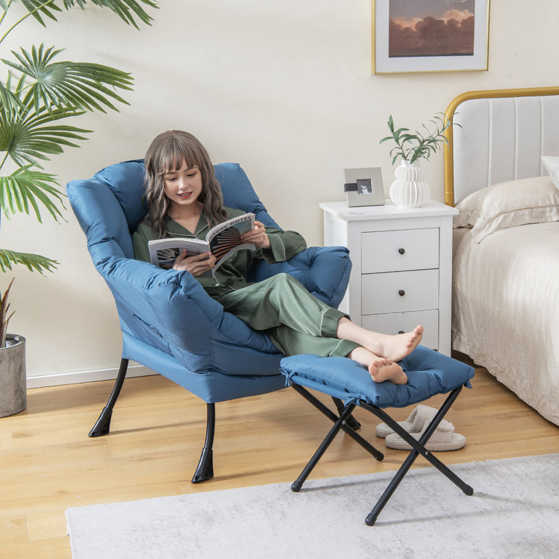 Mumtas Upholstered Armchair with Ottoman, Blue Polyester Blend
