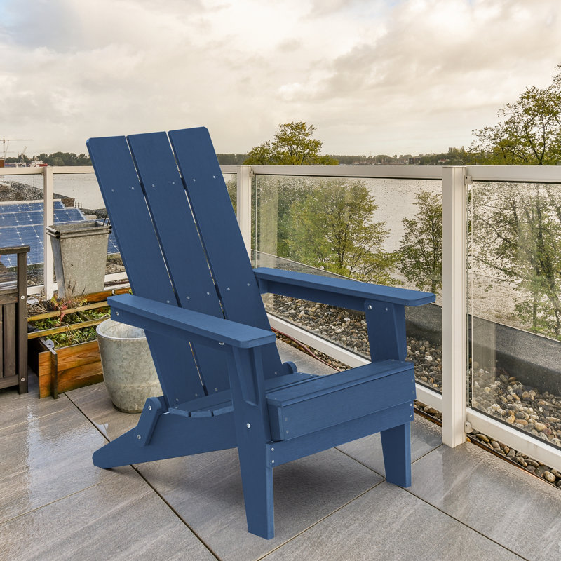 Plastic/Resin Folding Adirondack Chair Weather-Resistant Foldable Outdoor Modern, Navy Blue
