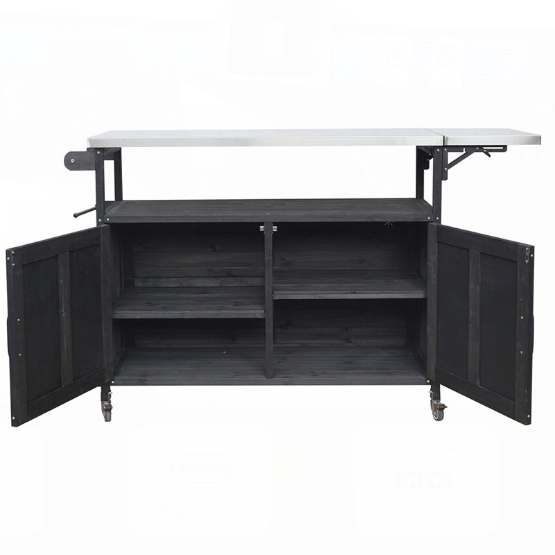 Foldable Outdoor Kitchen Island with Lockable Wheels, Storage, and Towel Rack for Patio Cooking and Serving, Black