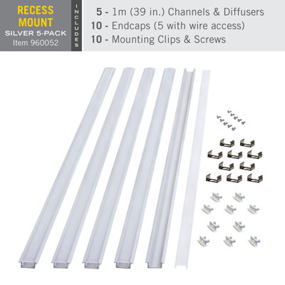 LED Tape Light Mounting Channel, Recess Mount, Silver 5-Pack