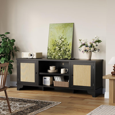 Bohemian Media Console for 70 Inch TVs, 2 Door Storage Cabinets and Open Shelves, Rattan TV Stand Entertainment Center