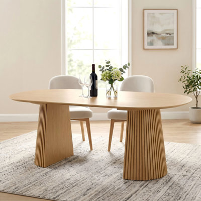 Modern Double Pedestal Oval Wood Dining Table 79" Kitchen Table With Solid Wood Base For Seats 8