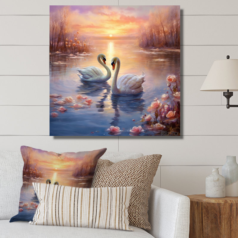 Deux cygnes blancs, coucher de soleil romantique I, Toile tendue, H 24 po x l 24 po