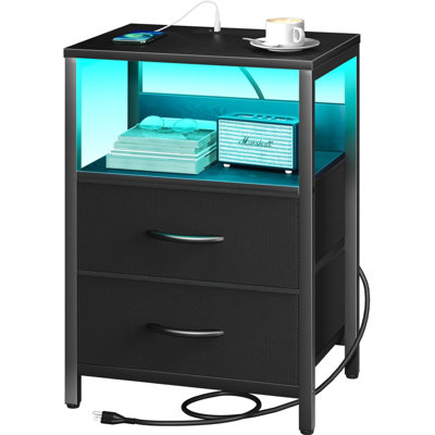 LED Nightstand With Charging Station, Fabric Drawers And Storage Shelf