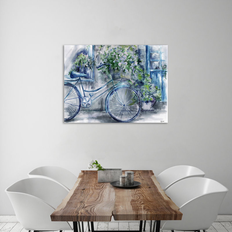 Vélo fleuriste: bleu et blanc II - impression sur toile tendue, H 15 po x l 20 po x P 1,5 po