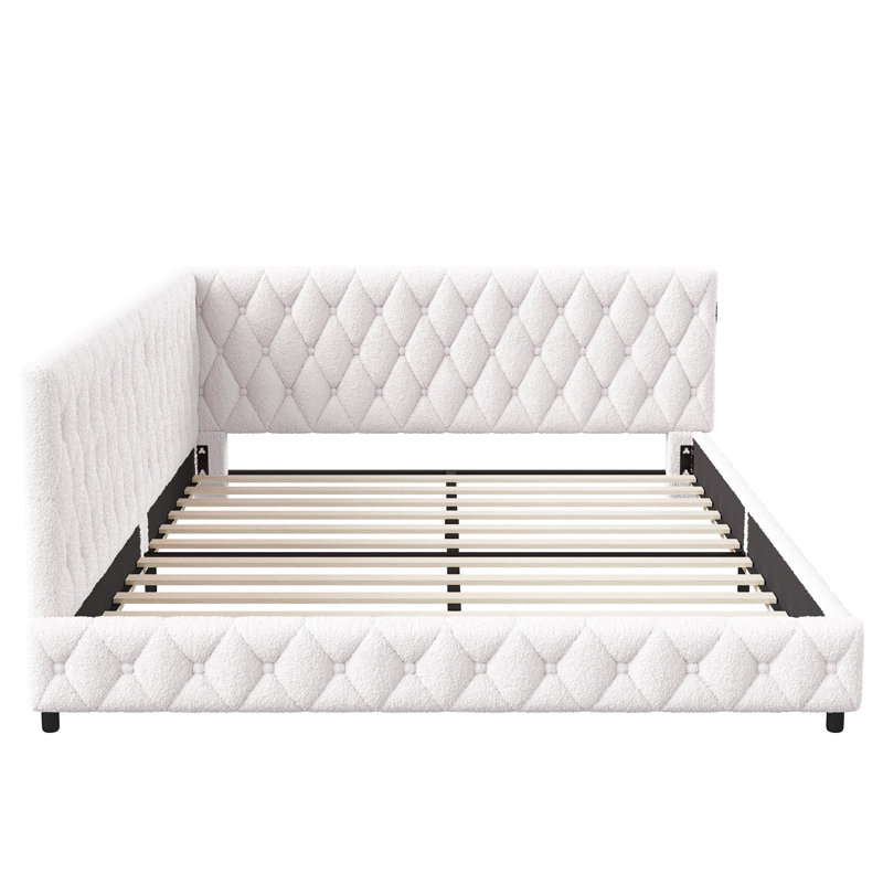 European Double (140X200cm) Teddy Fleece Corner Daybed With LED Under-Glow, Upholstered Sofa Bed Frame With USB-C,  Creame & Pink