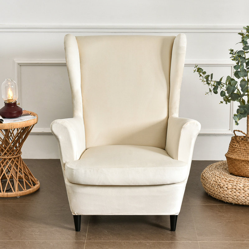 Housse pour fauteuil à oreilles extensible 2 pièces en velours doux, Beige