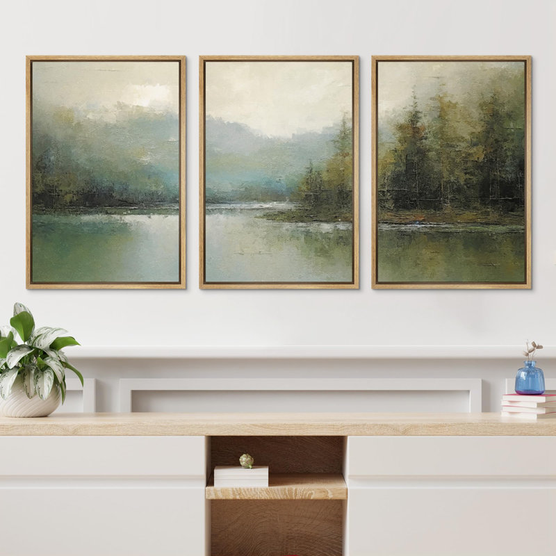 Abstract Landscape " Emerald Green Pastel Pine Tree Forest Nature Rustic " 3 - Pieces, Natural, Floater Framed Print
