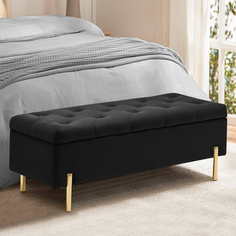 Velvet Storage Bench Ottoman,Versatile Seating With Hidden Storage,End Of Bed Bench,Tufted Bench With Storage, Dark Gray