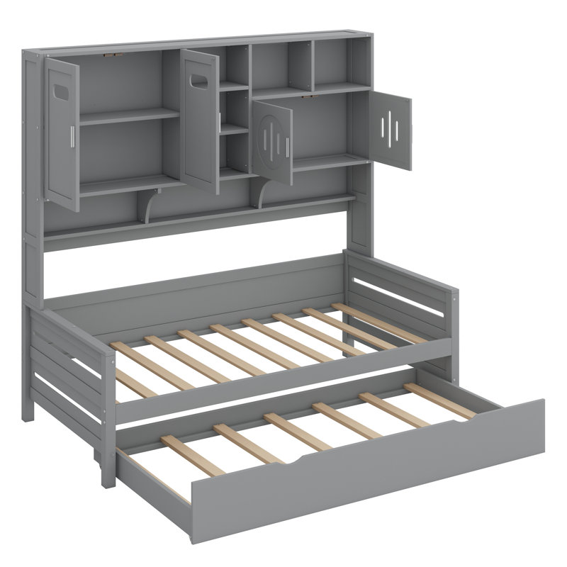 Wooden Daybed With Trundle,All-In-One Cabinet And Shelf, Gray, Twin