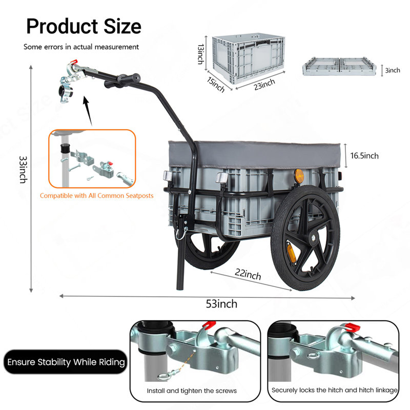 Remorque cargaison 2-en-1 avec boîte de rangement pliable, housse amovible et imperméable, remorque à vélo avec roues à dégagement rapide de 16 po, grande capacité de 70 L, noir et gris